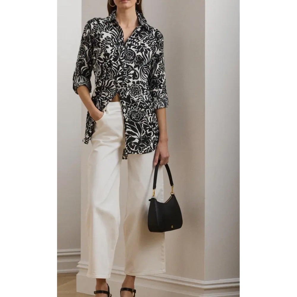 Ralph Lauren Black Floral Linen Button Up Shirt Long Sleeve Size M Black Label
